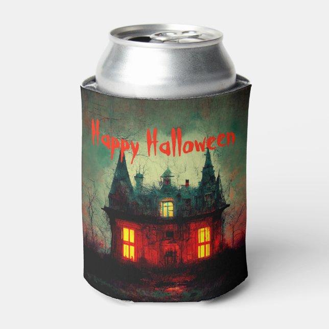 Enfriador De Latas Halloween feliz casa embrujada (Lata Anverso)