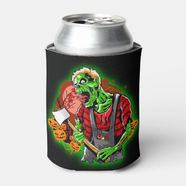 Enfriador De Latas Halloween Funny Green Zombie Ax sigue (Lata Anverso)