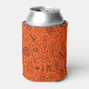 Enfriador De Latas Halloween Party Black & Naranja Doodle Pattern