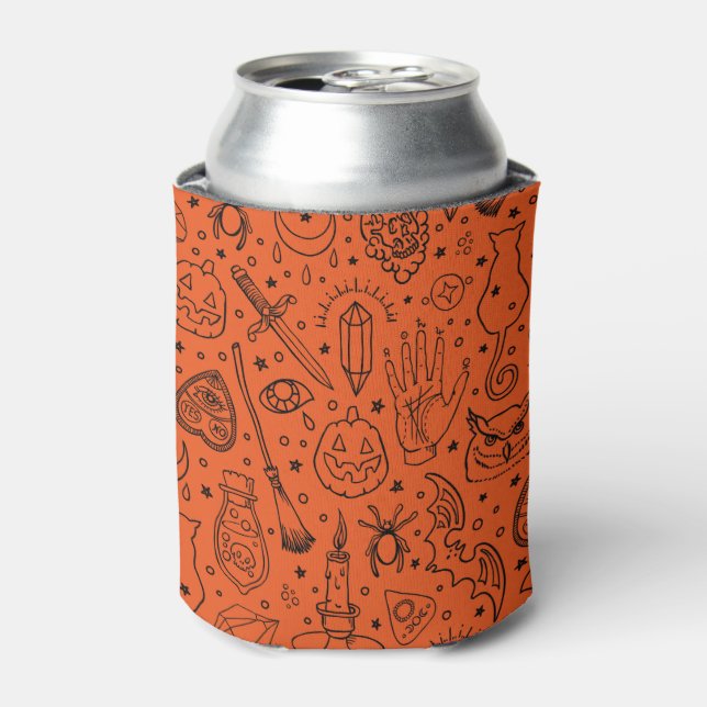 Enfriador De Latas Halloween Party Black & Naranja Doodle Pattern (Lata Anverso)