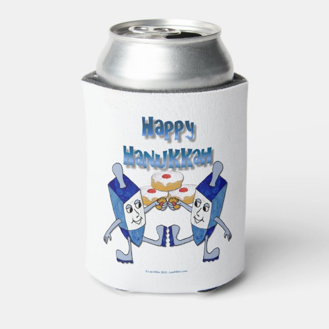 Enfriador De Latas Hanukkah Dancing Dreides y Jelly Doughnut (Reverso de la lata)