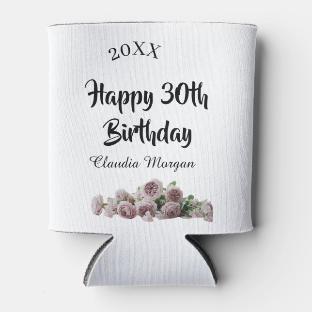 Enfriador De Latas Happy 30th birthday pink white mauve floral name y (Anverso)