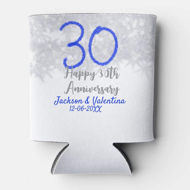 Enfriador De Latas Happy 30th wedding anniversary silver blue glitter (Anverso)