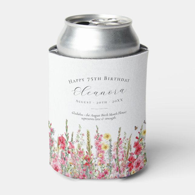 Enfriador De Latas Happy Birthday 75th August Birth Flower Custom (Lata Anverso)