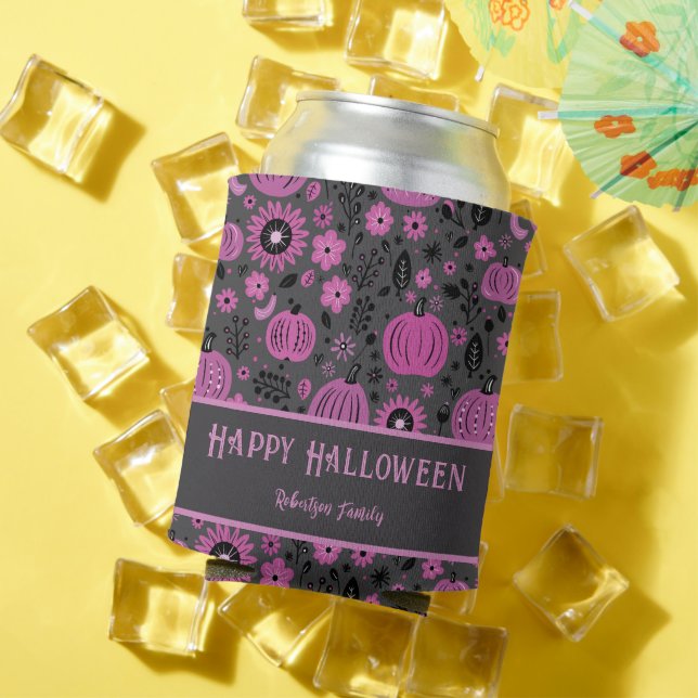 Enfriador De Latas Happy Halloween Purple Pumpkin Family Name (Verano in situ)