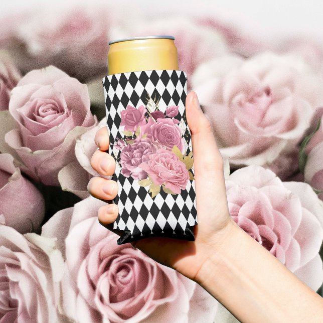 Enfriador De Latas Harlequín blanco negro con flores rosadas (Subido por el creador)