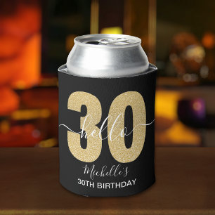 Enfriador De Latas Hello 30! Elegan 30th birthday with Golden glitter