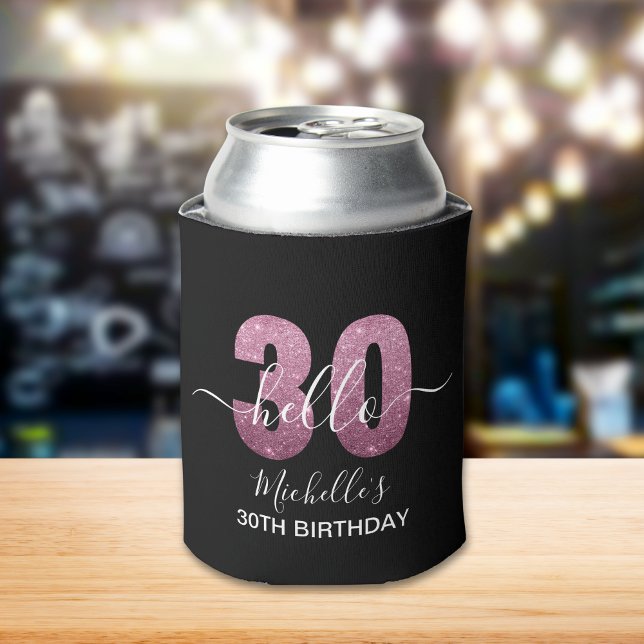 Enfriador De Latas Hello 30! Modern 30th birthday Pink glitter (Subido por el creador)