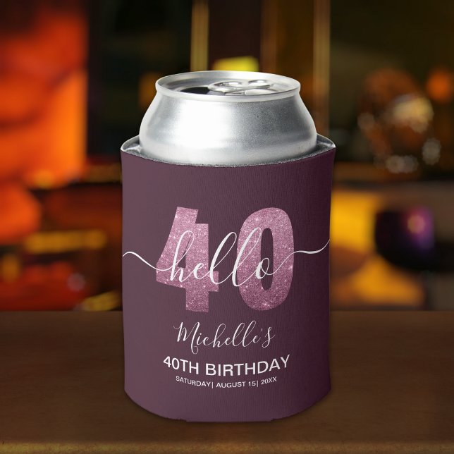 Enfriador De Latas Hello 40! Fun 40th birthday with Pink glitter (Subido por el creador)