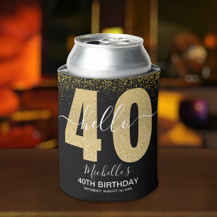 Enfriador De Latas Hello 40! Modern 40th Birthday Chic Golden glitter