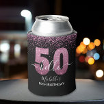 Enfriador De Latas Hello 50! -Birthday 50th Women's with Pink glitter<br><div class="desc">Hello 50! Invite your friends and family to celebrate the 50th birthday with this modern design. The design features a black background, the numbers thirty in faux pink glitter, with an elegant pink glitter background, elegant calligraphy script, a modern birthday template that's easy to personalize, Don't think about it and...</div>