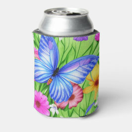 Enfriador De Latas Hermosa mariposa azul con flores acuarela