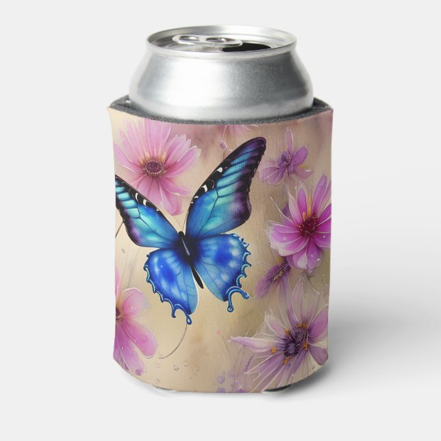 Enfriador De Latas Hermosas flores y mariposa (Reverso de la lata)