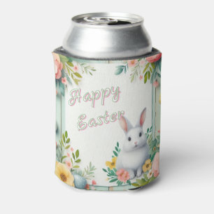 Enfriador De Latas Hermoso conejito de Pascua con flores