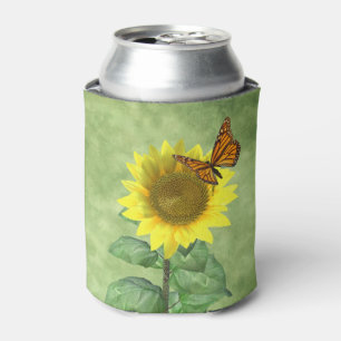 Enfriador De Latas Hermoso girasol amarillo y mariposa naranja