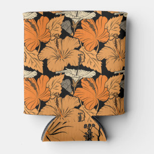 Enfriador De Latas hibisco beige naranja, fondo negro.