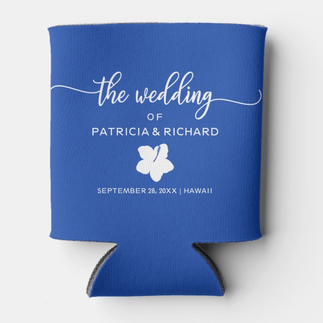 Enfriador De Latas Hibiscus Beach Destination Wedding Royal Blue (Anverso)