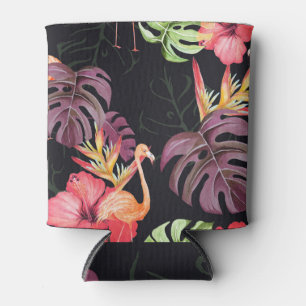 Enfriador De Latas Hibiscus, Flamingos, Patrón tropical acuarela.