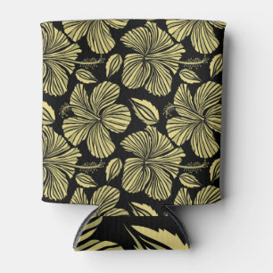 Enfriador De Latas Hibiscus Tropical: Flores Vintage de color amarill
