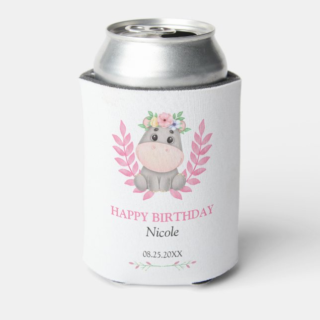 Enfriador De Latas Hoja Rosa Cute Hippo Floral Feliz Cumpleaños (Reverso de la lata)