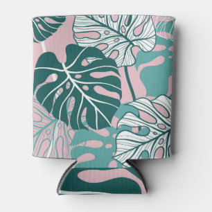 Enfriador De Latas Hojas de monstera dibujadas a mano, fondo rosado.