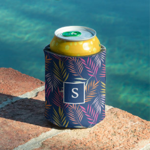 Enfriador De Latas Hojas de palma tropicales coloridas con monograma 