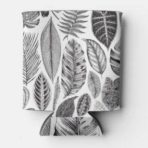 Enfriador De Latas Hojas exóticas, blanco y negro floral vintage.