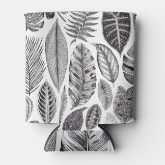 Enfriador De Latas Hojas exóticas, blanco y negro floral vintage.