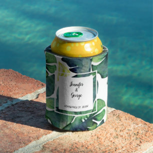Enfriador De Latas Hojas tropicales de color de agua Boda de novios