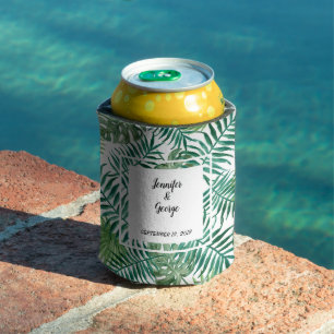 Enfriador De Latas Hojas tropicales de color de agua Boda de novios