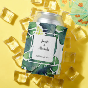 Enfriador De Latas Hojas tropicales de color de agua Boda de novios