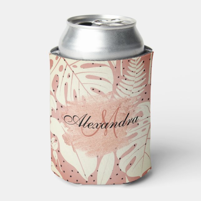 Enfriador De Latas Hojas tropicales de Purpurina rosa (Lata Anverso)