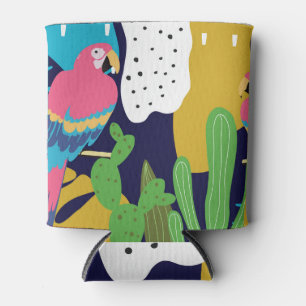 Enfriador De Latas Hojas tropicales, loros: fondo de verano.