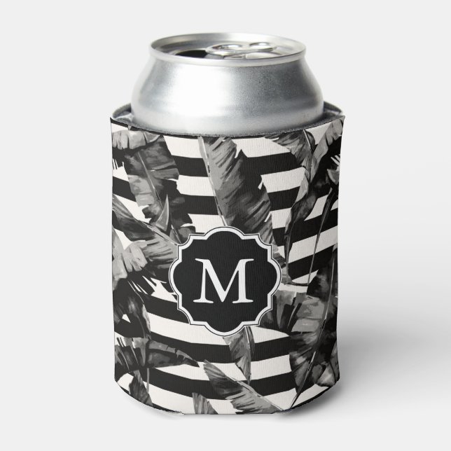 Enfriador De Latas Hojas tropicales negras y blancas (Lata Anverso)