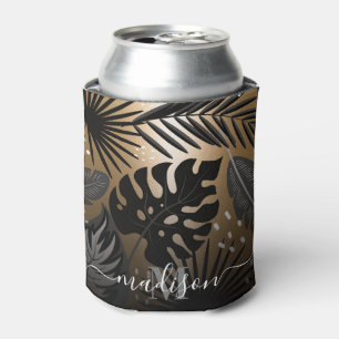 Enfriador De Latas Hojas tropicales negras y doradas