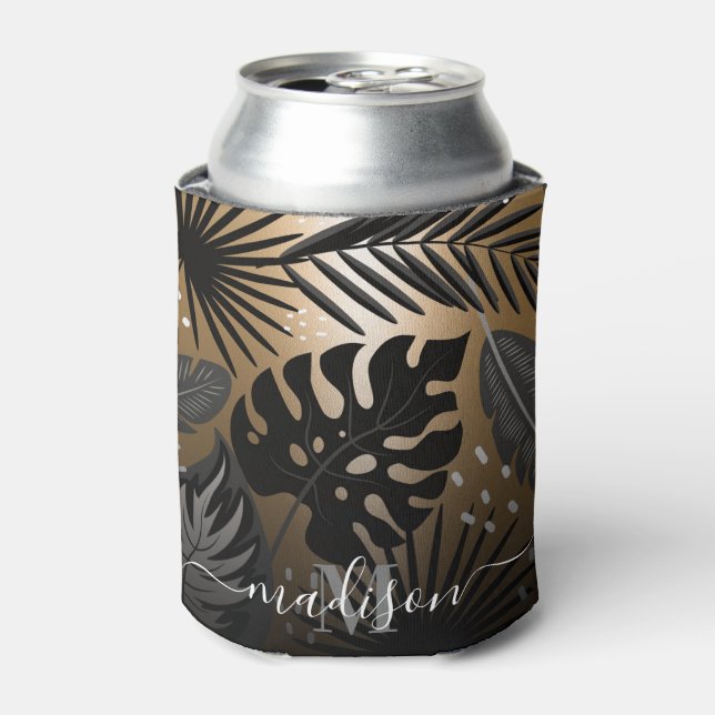 Enfriador De Latas Hojas tropicales negras y doradas (Lata Anverso)