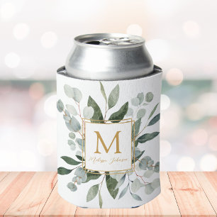 Enfriador De Latas Hojas Verdes Tropicales de Acuarela con Monograma