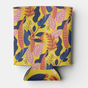 Enfriador De Latas Hojas y bayas tropicales, fondo amarillo.