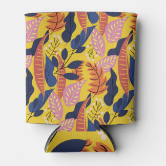 Enfriador De Latas Hojas y bayas tropicales, fondo amarillo.