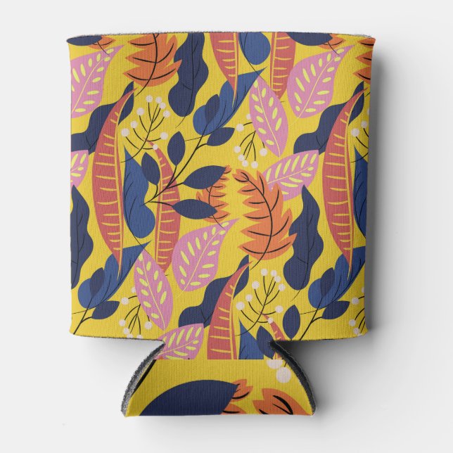 Enfriador De Latas Hojas y bayas tropicales, fondo amarillo. (Anverso)