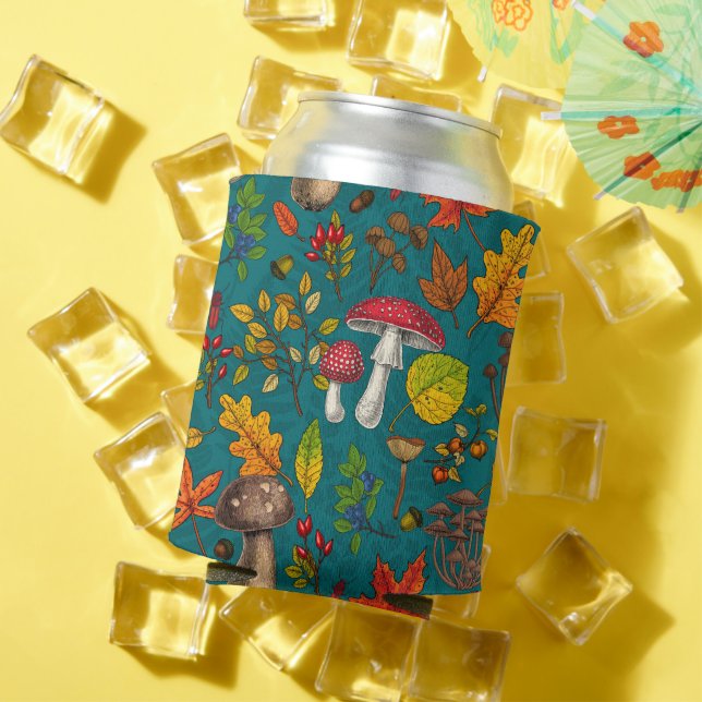 Enfriador De Latas Hongos, hojas, nueces y bayas otoñales en azul (Verano in situ)