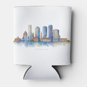 Enfriador De Latas Horizonte de la ciudad de Boston en acuarela   Mod