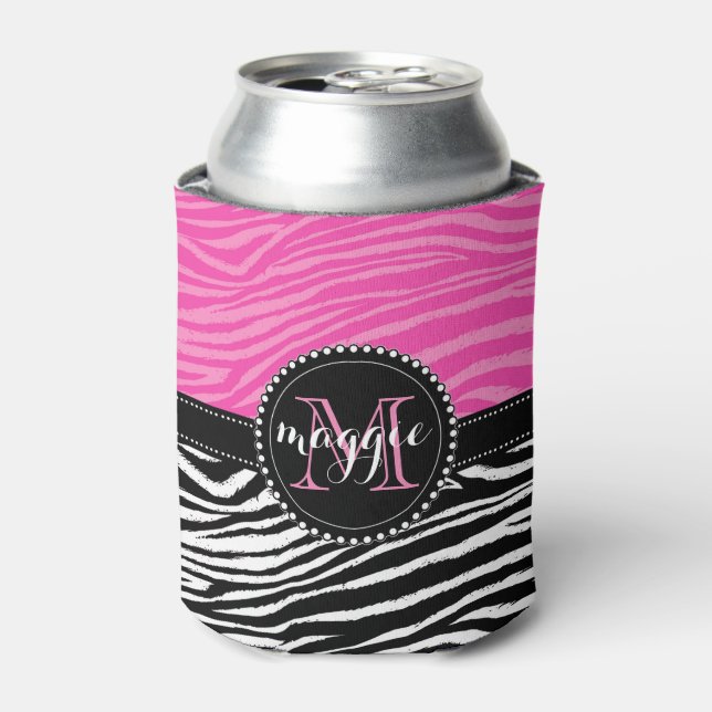 Enfriador De Latas Hot Pink & Black Zebra Print Monogram Pattern (Lata Anverso)
