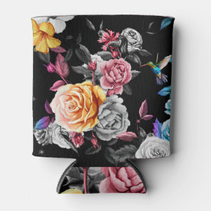 Enfriador De Latas Hummingbird, rosas: fondo negro acuarela