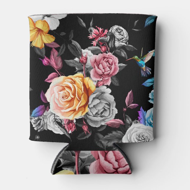 Enfriador De Latas Hummingbird, rosas: fondo negro acuarela (Anverso)