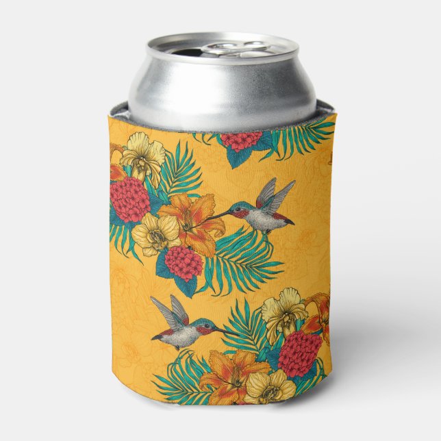 Enfriador De Latas Hummingbirds y el ramo tropical amarillo (Lata Anverso)