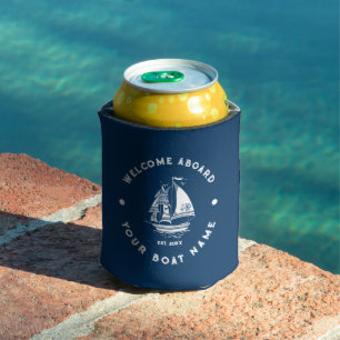 Enfriador De Latas Ilustración de barco náutico vintage blanco y azul