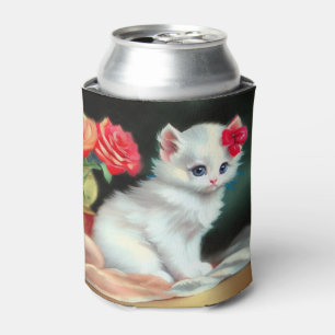 Enfriador De Latas Ilustracion de gatito blanco con flores rojas