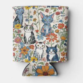 Enfriador De Latas Ilustracion de gatos florales con flores silvestre