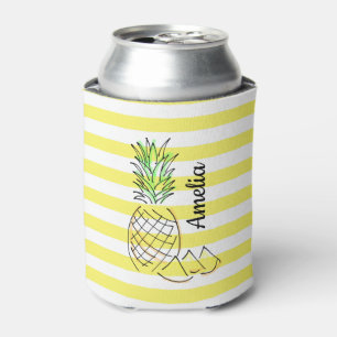 Enfriador De Latas Ilustracion de piña rayas amarillas verano